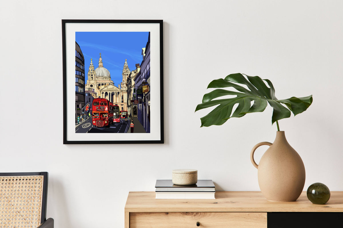 St Paul's Cathedral, London Illustration Print: Blue / A3