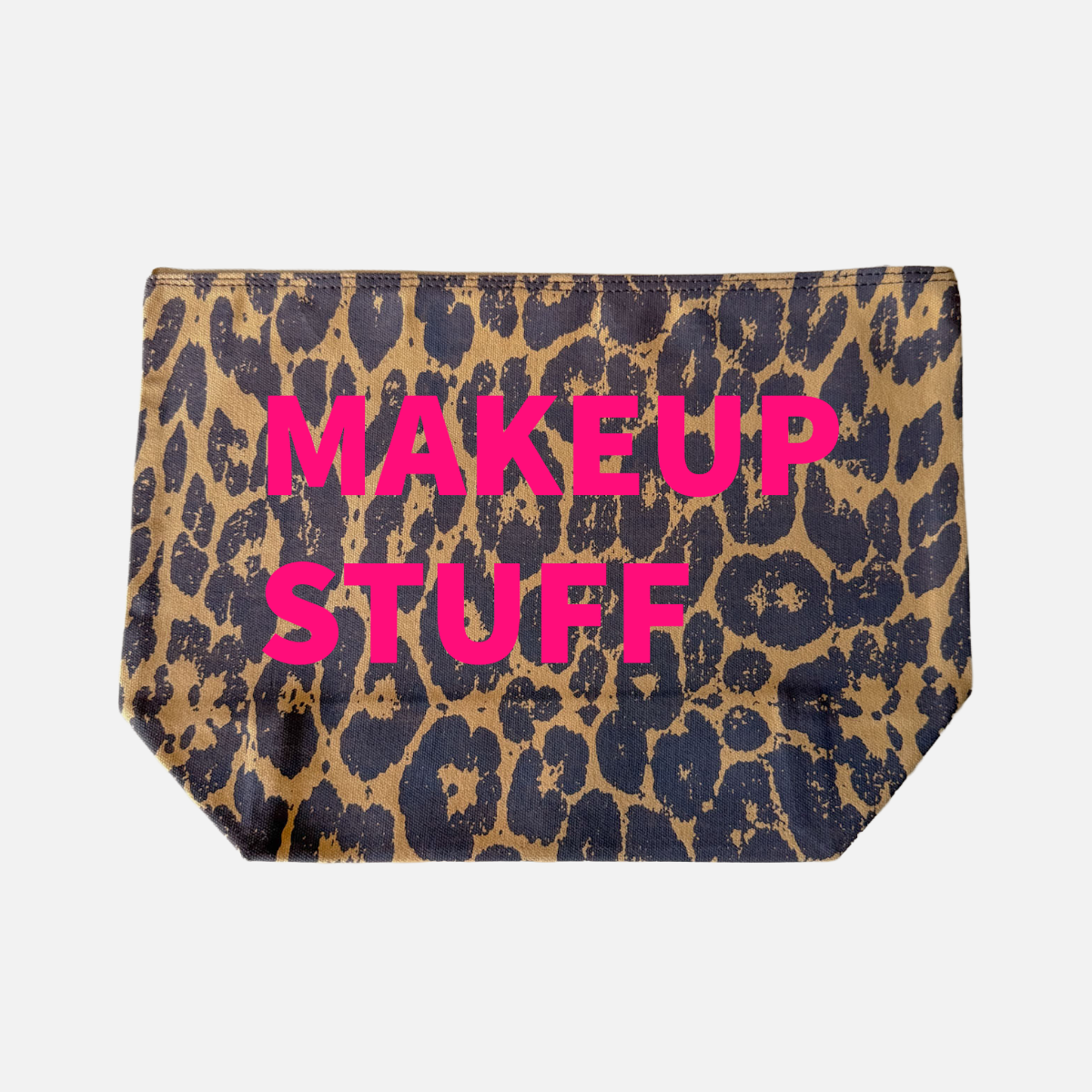 LEOPARD PRINT CANVAS POUCH WITH NEON PINK PRINT: MAKEUP STUFF