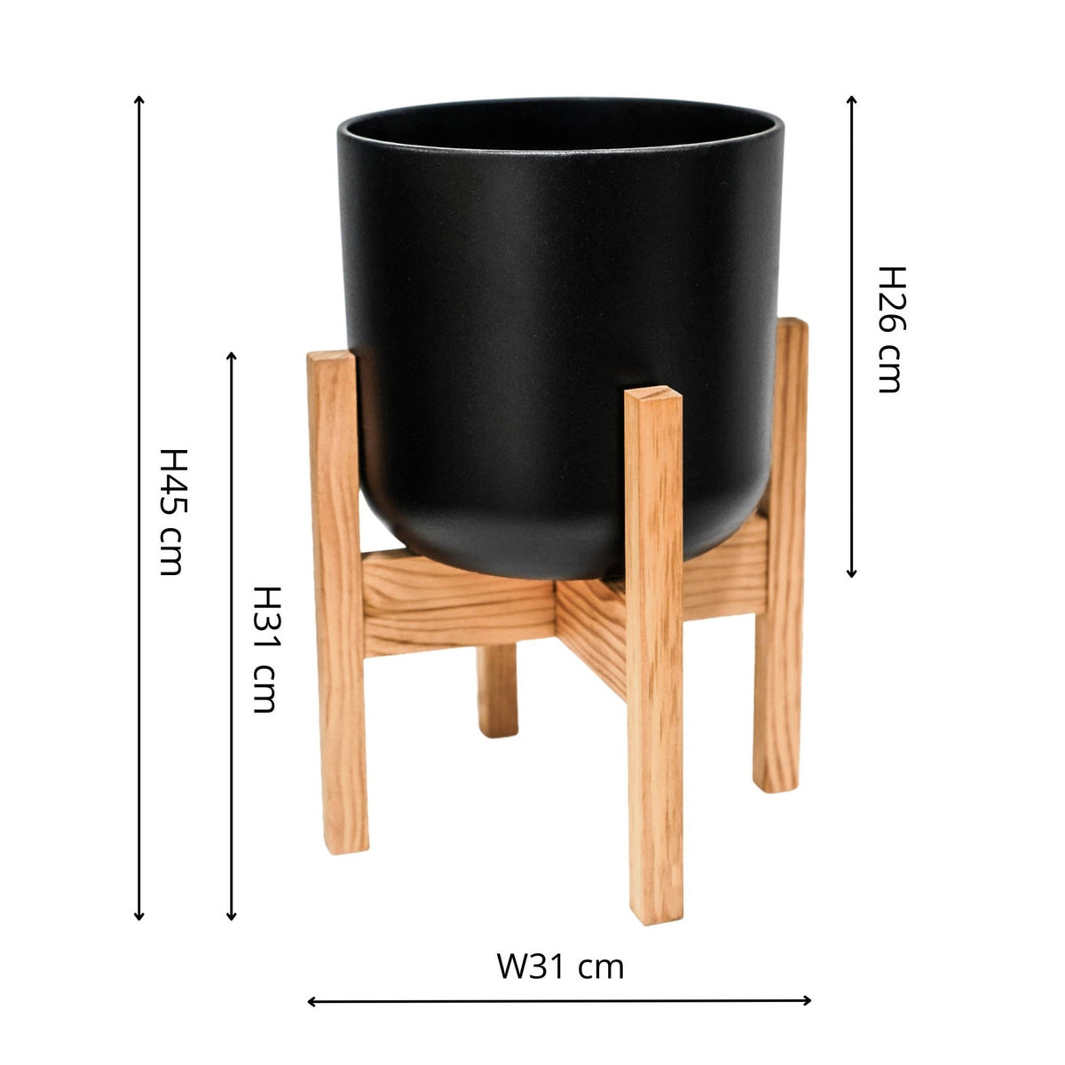 Lisbon Ceramic Indoor Planter with Wooden Stand: Anthracite / Small