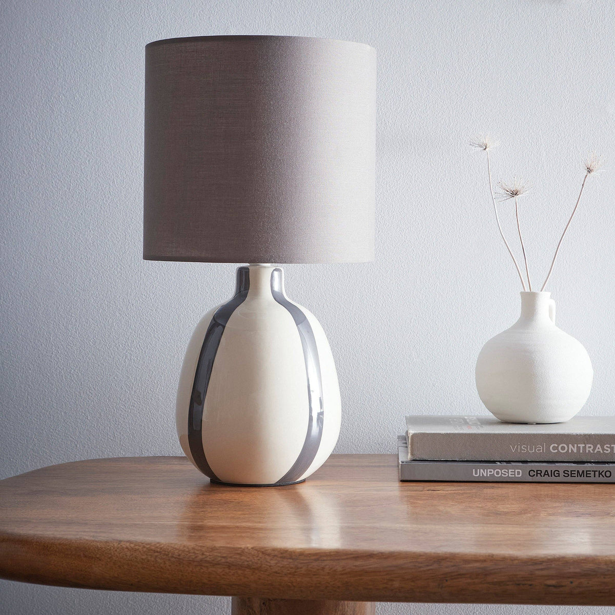 Painted Striped Ceramic Table Lamp with a round base and Matching shades, in Black, Blue, Green and Grey Colour options: Black