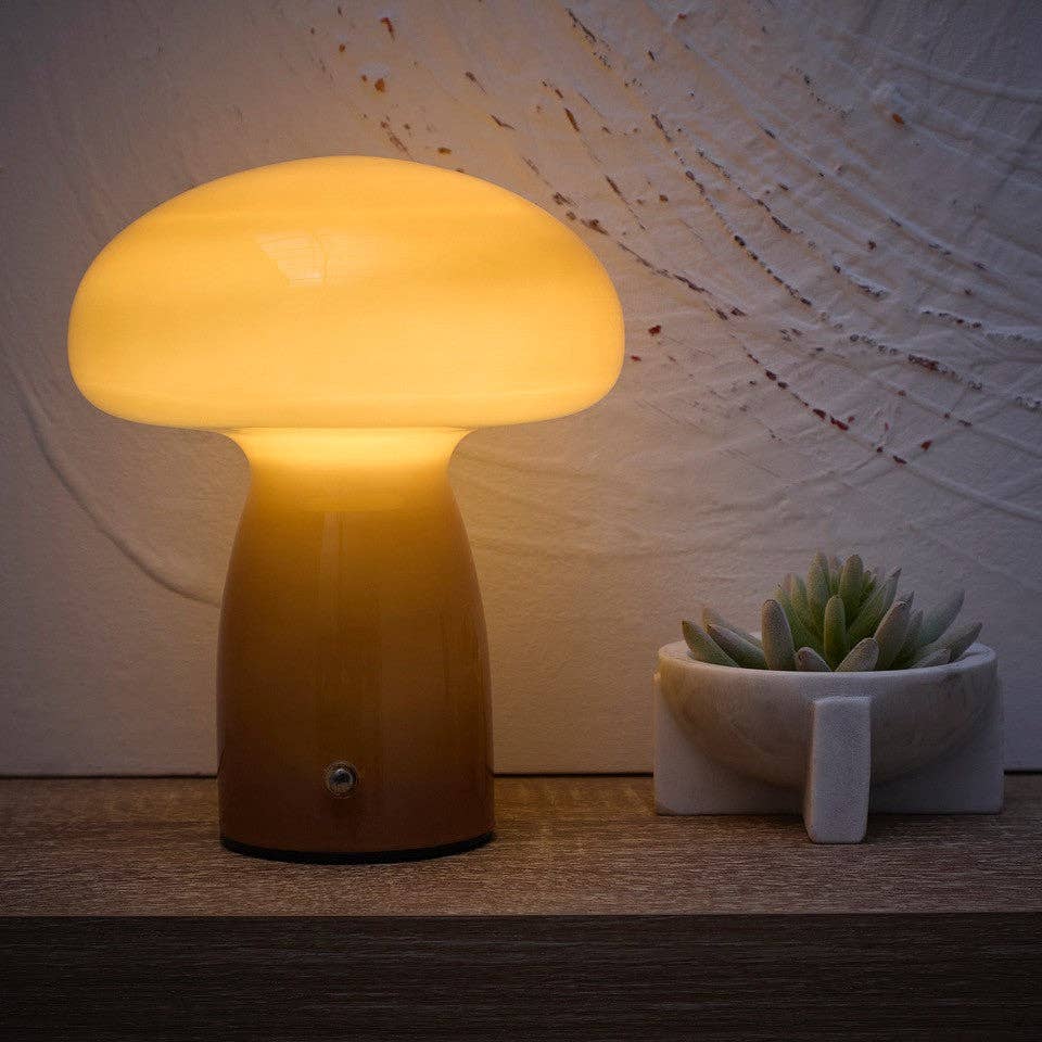Mushroom Toadstool Glass Table Lamp in White, Duck egg Blue, Green, Lemon, Mocha and Brown - Rechargeable Lamps: Mocha