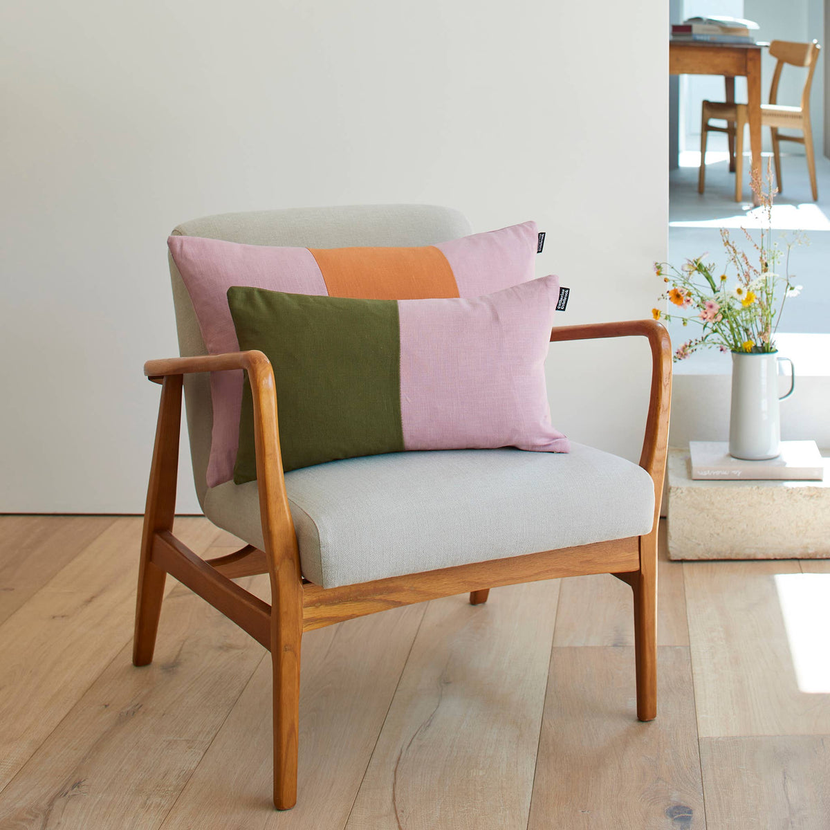 Double Colour Block Linen Cushion - Dusky / Jungle