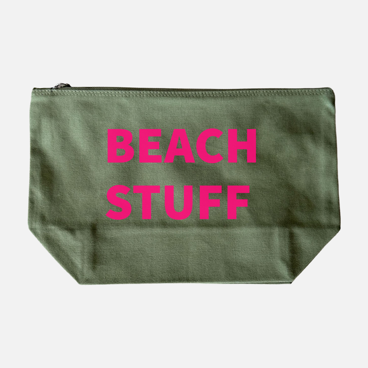 GREEN CANVAS POUCH WITH NEON PINK PRINT: HOLIDAY STUFF