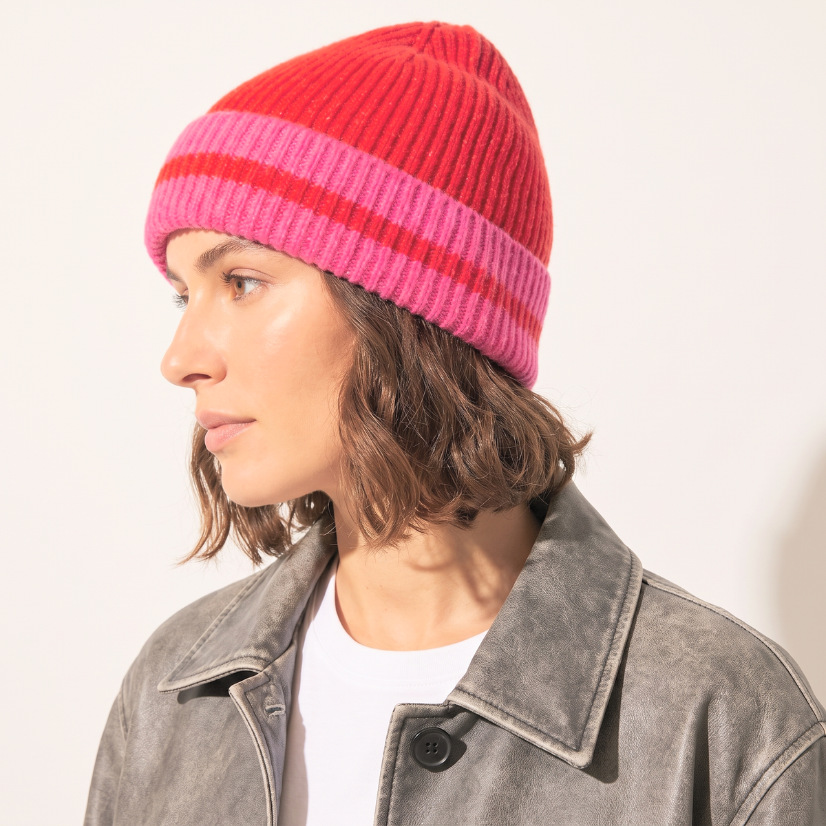 Striped Beanie Hat in Red/Hot Pink: One Size