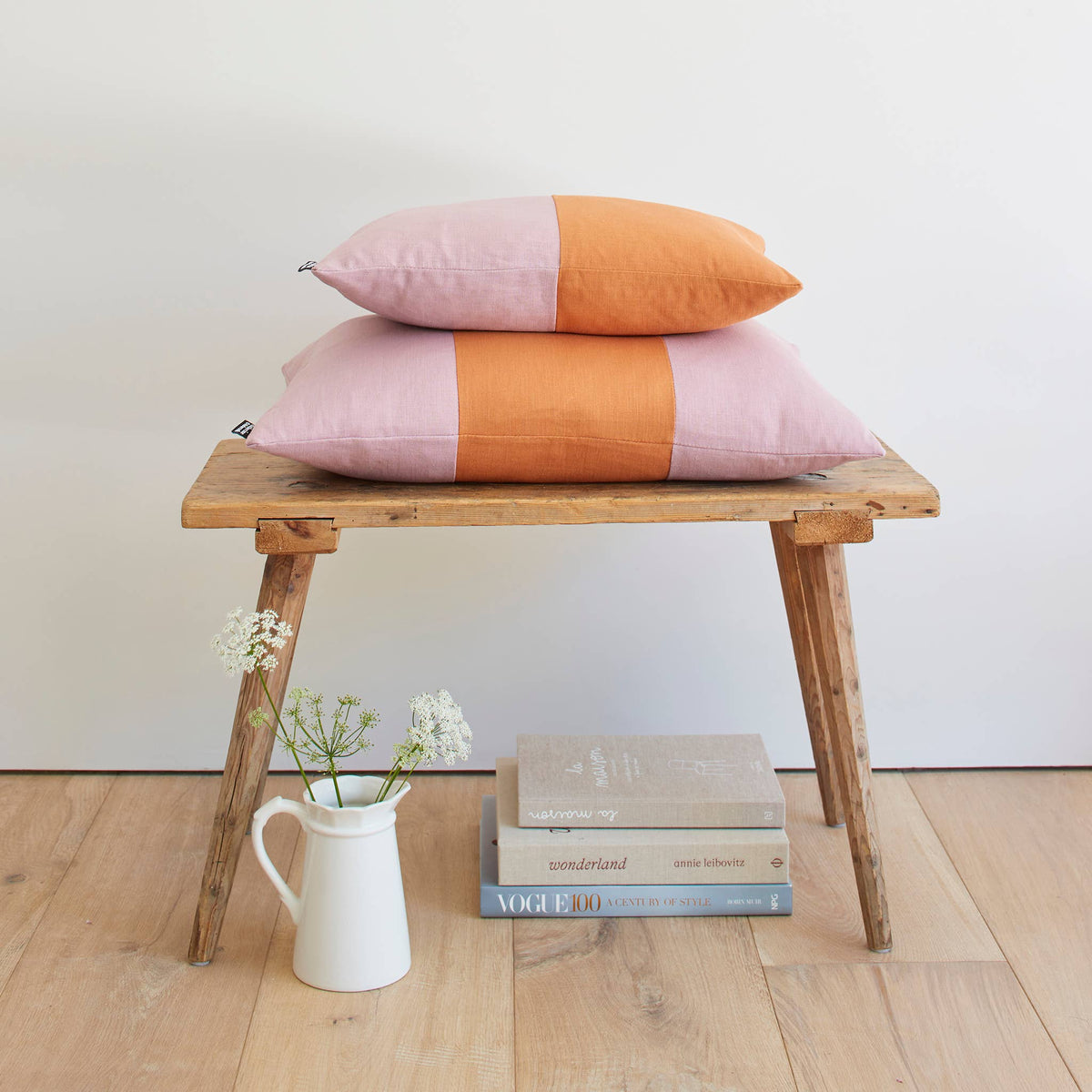 Double Colour Block Linen Cushion - Dusky / Ginger