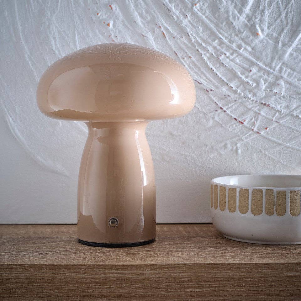 Mushroom Toadstool Glass Table Lamp in White, Duck egg Blue, Green, Lemon, Mocha and Brown - Rechargeable Lamps: Mocha