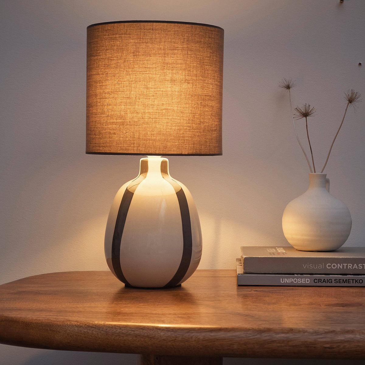 Painted Striped Ceramic Table Lamp with a round base and Matching shades, in Black, Blue, Green and Grey Colour options: Black