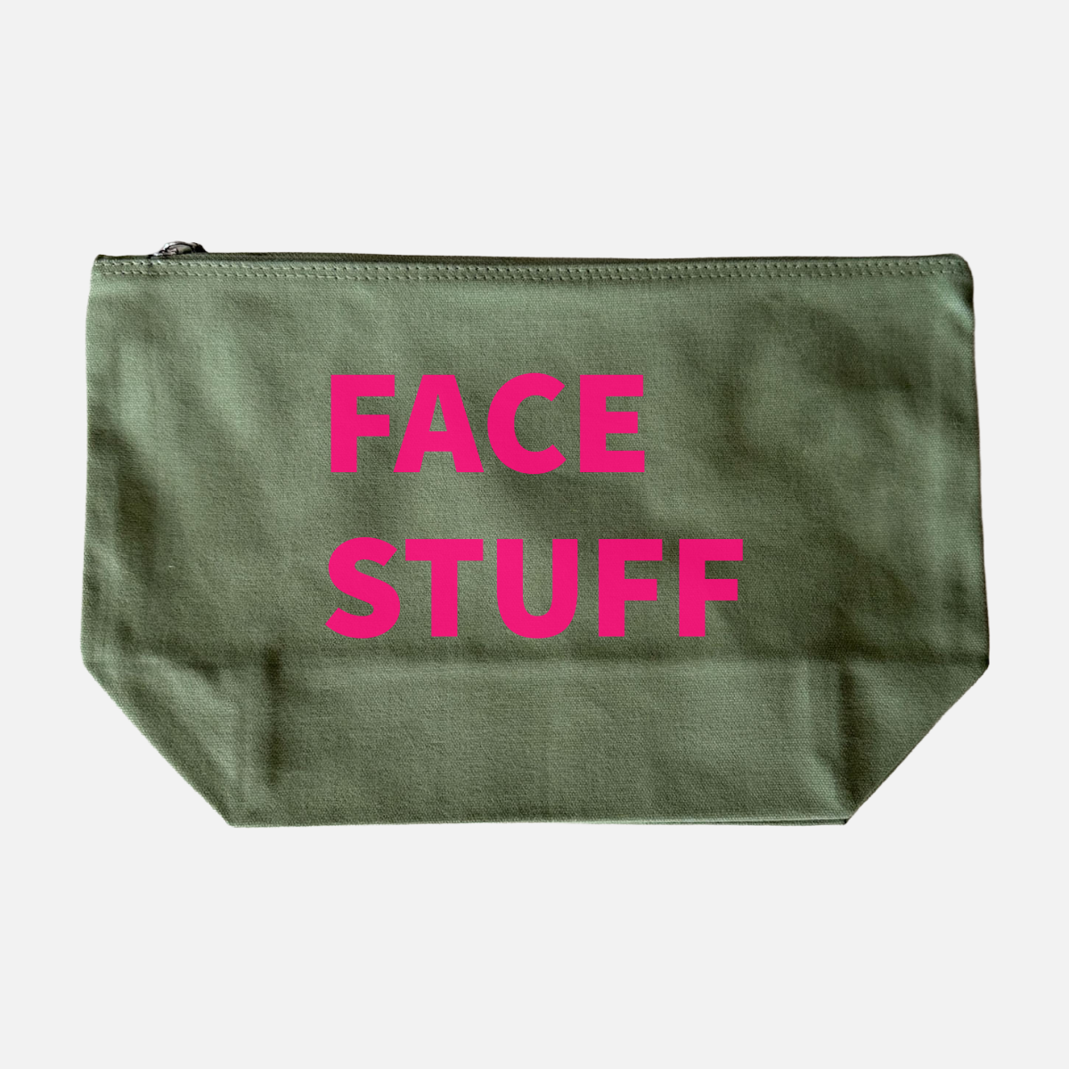 GREEN CANVAS POUCH WITH NEON PINK PRINT: HOLIDAY STUFF