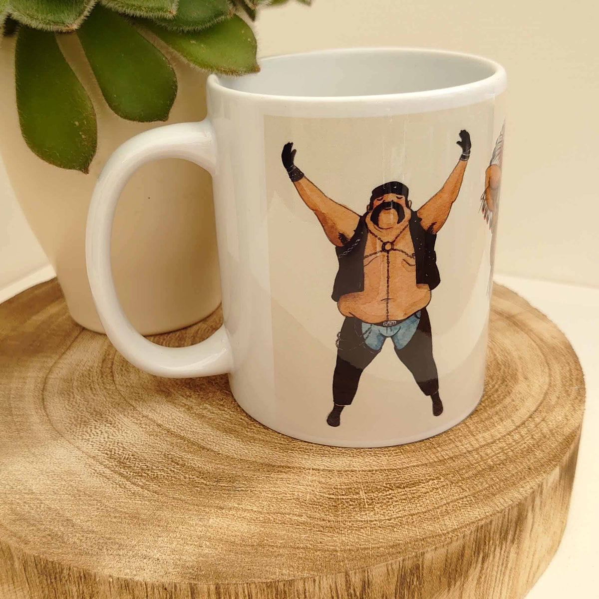 Disco dancing men coffee mug, funny chubby men dancing mug