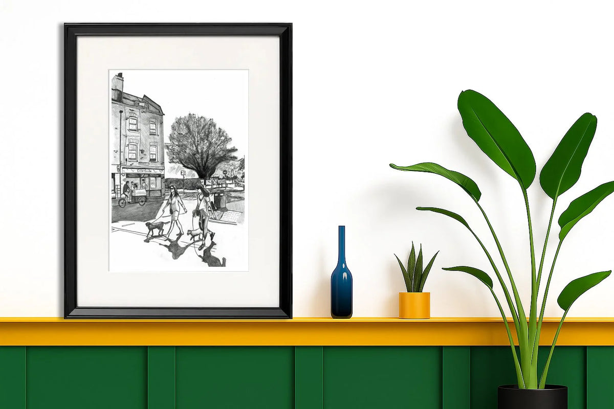 Bermondsey Street Pencil Drawing  - Walking the Dogs | London Art