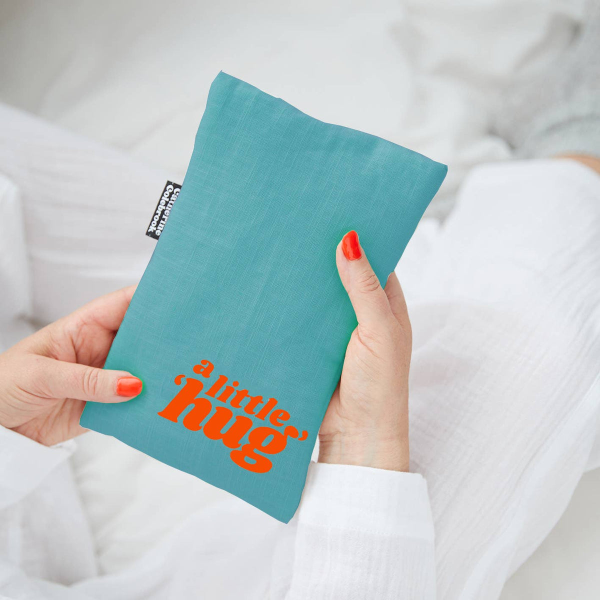 'A Little Hug' Cute Hot Water Bottle: Blue with Orange