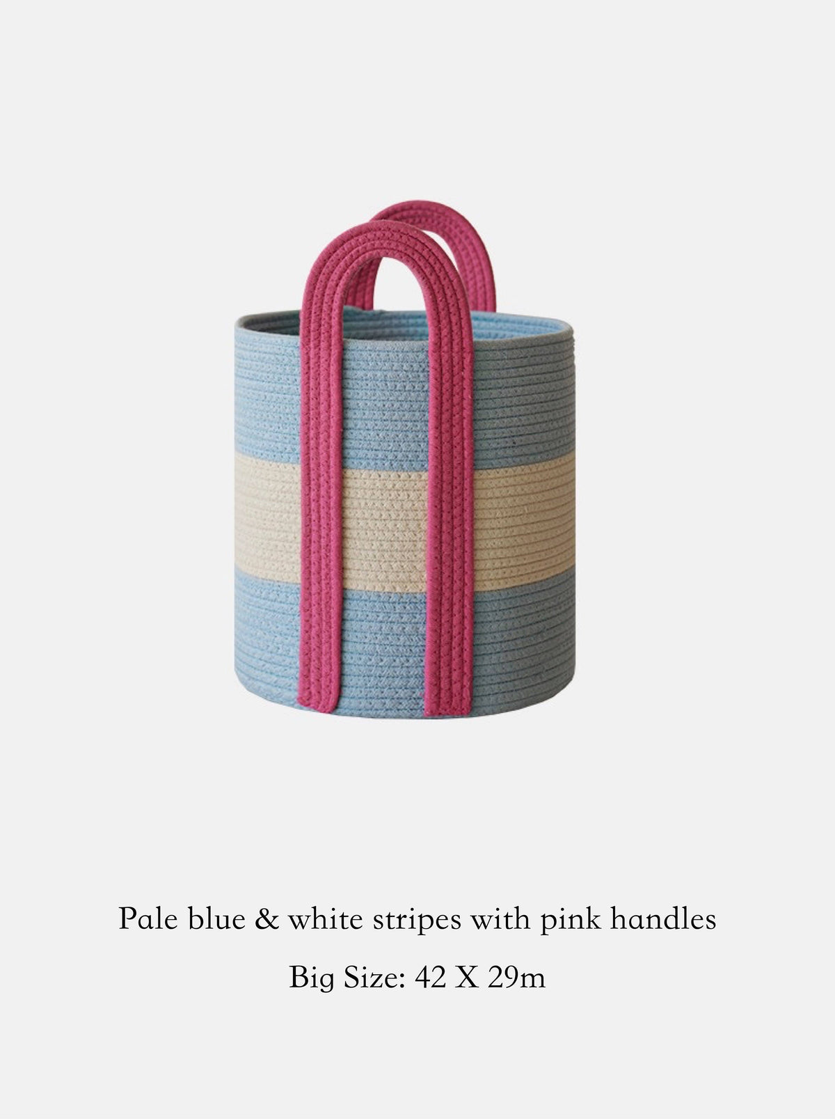 Woven Cotton Rope Storage Basket with Handles : Pale blue & white stripes with pink handles - 31 x 25cm