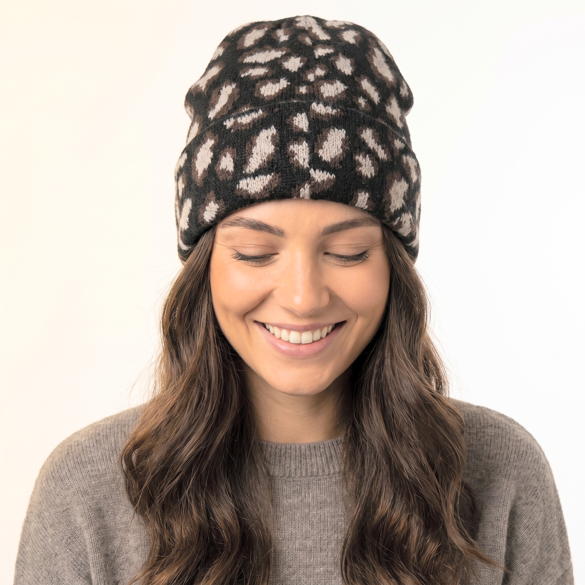 Leopard Print Beanie Hat in Black: One Size