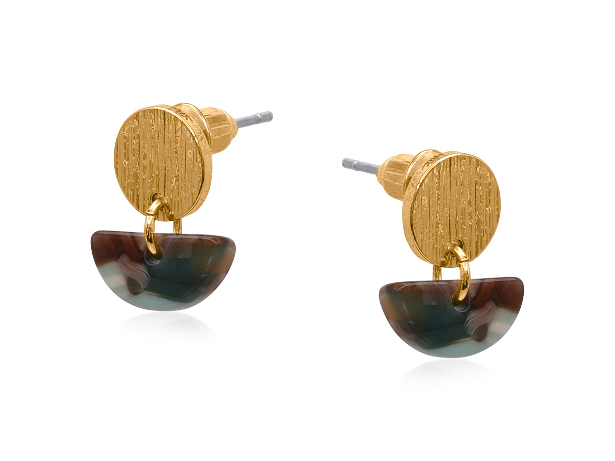 Alba Gold Metal Green Brown Multi Resin Disc Drop Earring 3924-2
