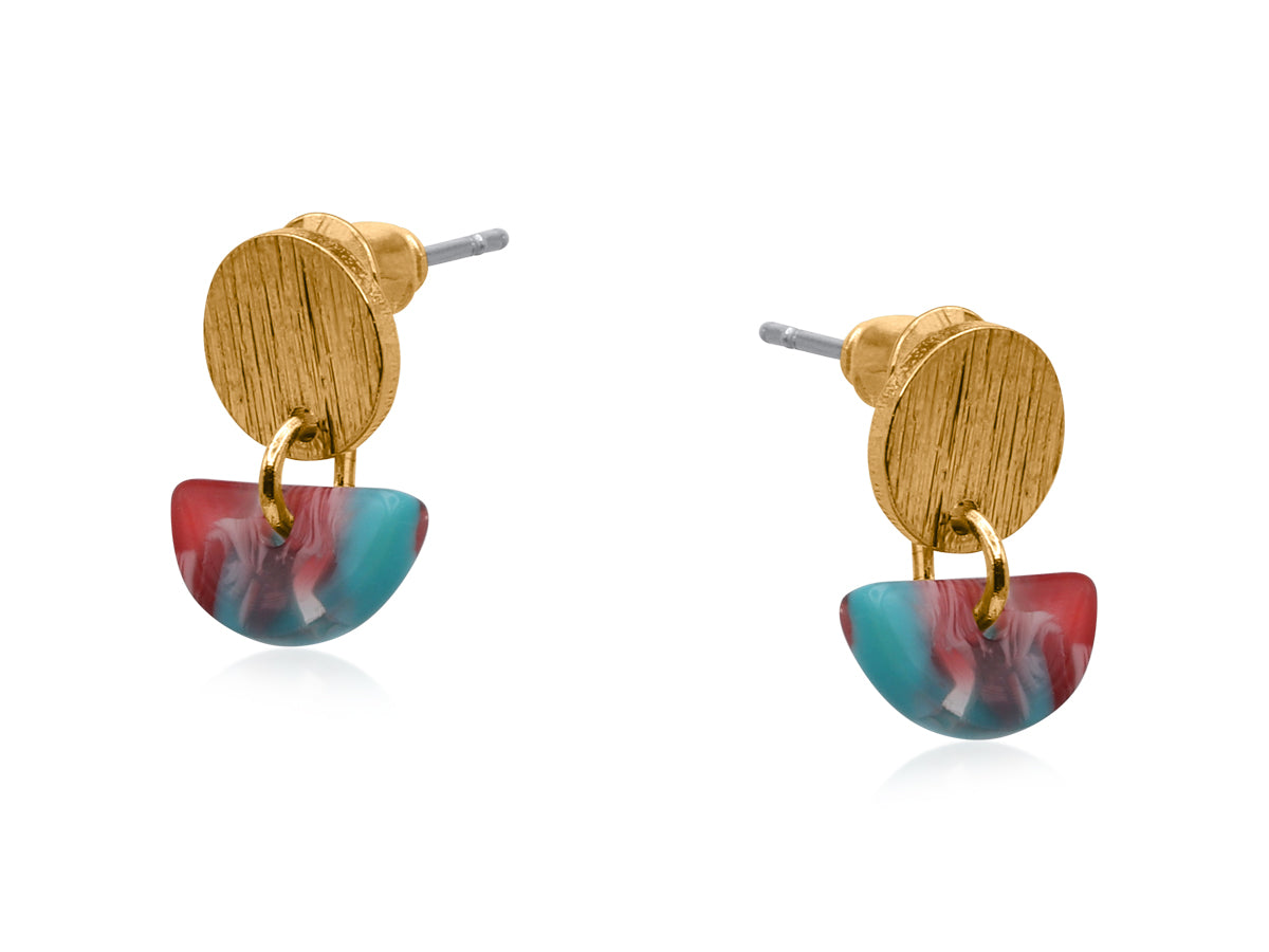 Genoa Gold Metal Blue Red Multi Resin Disc Drop Earring 3925-1