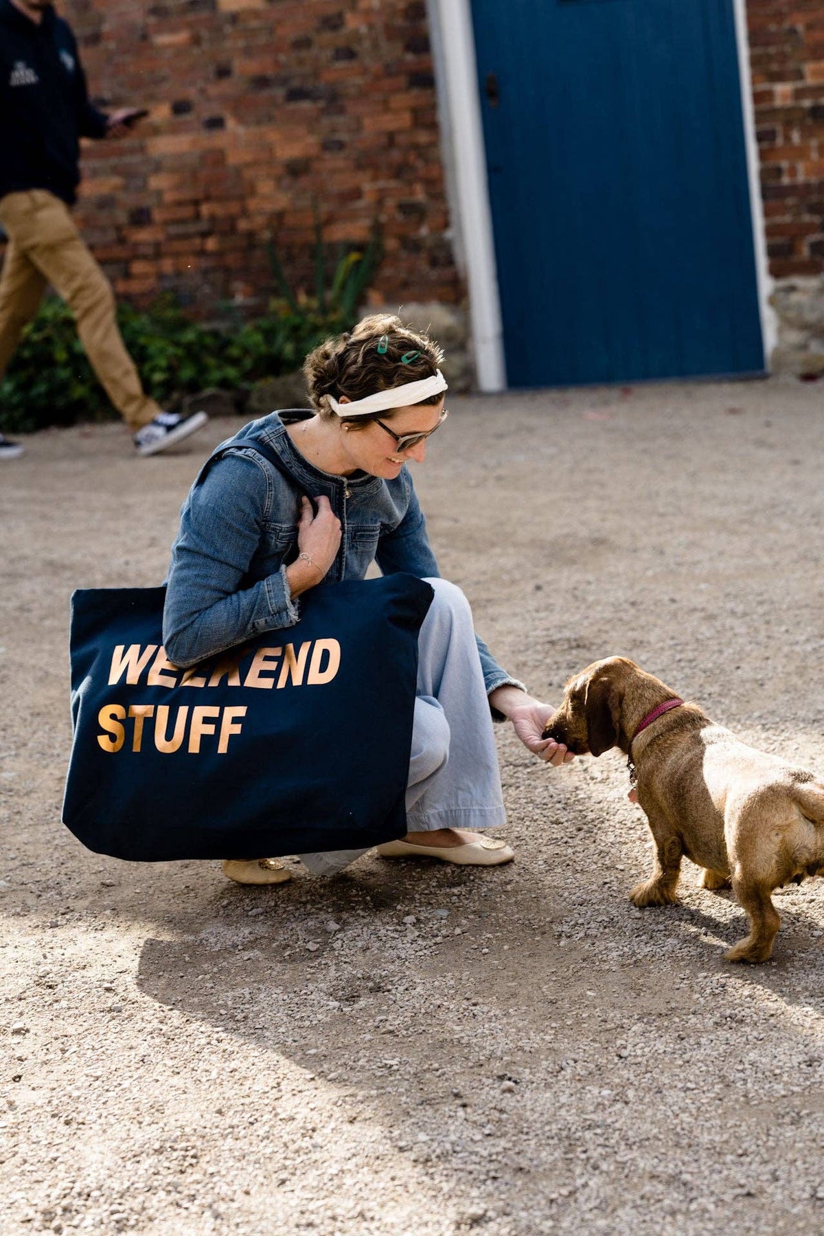 EXTRA LARGE NAVY TOTE BAG WITH BRONZE PRINT: DOG STUFF