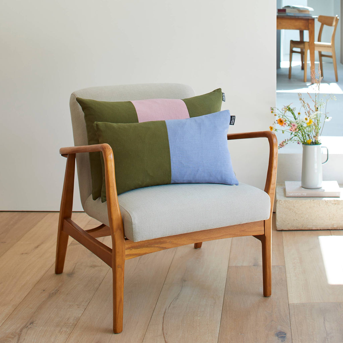 Double Colour Block Linen Cushion - Denim / Jungle