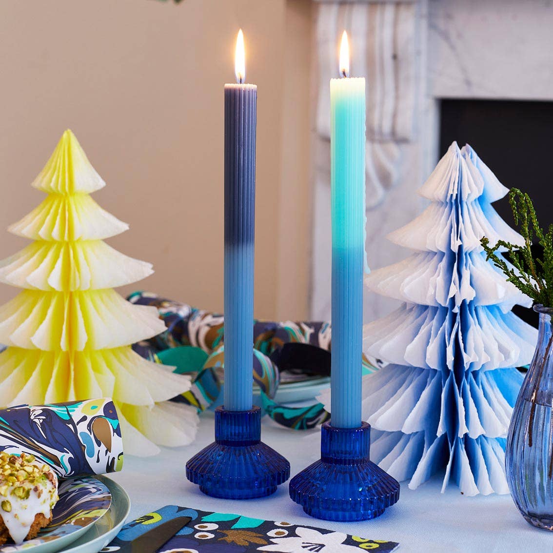 Blue & Green Marble 2 Tone Ombre Wax Dinner Candles | Summer Candles