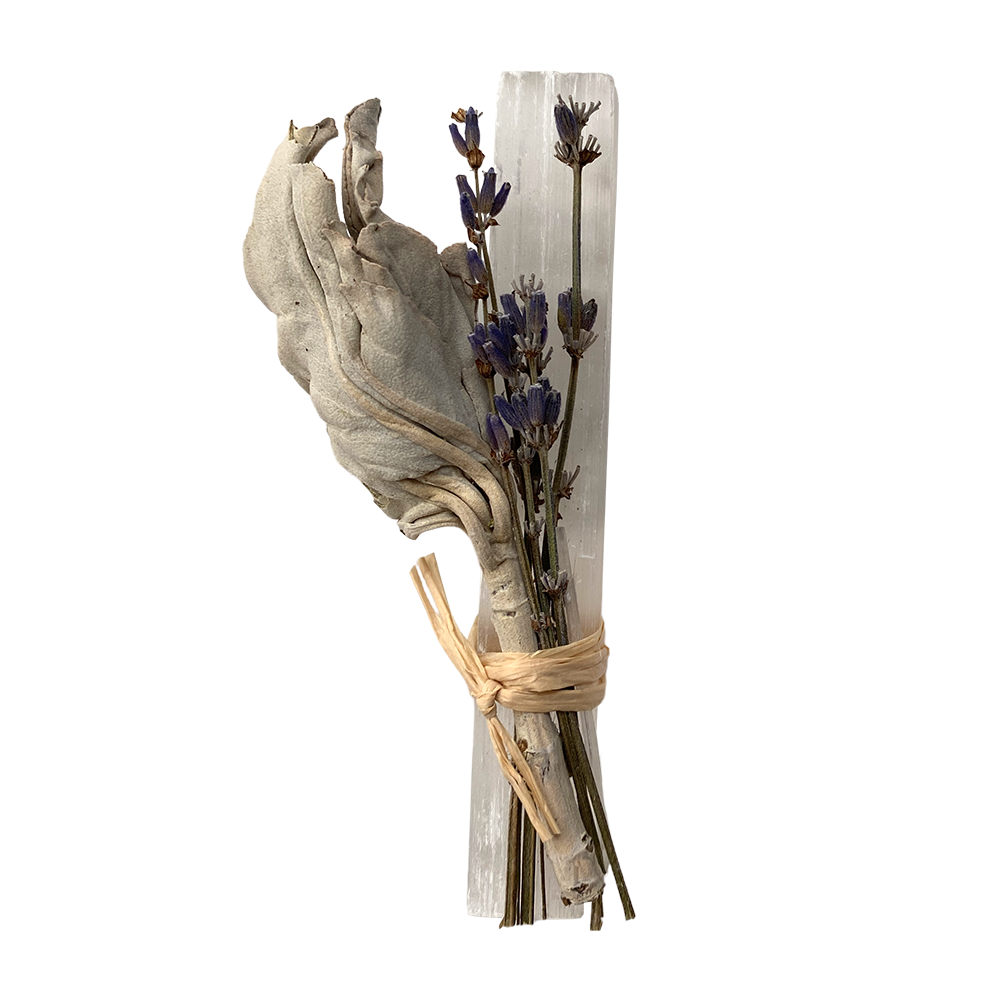 Mini Smudge Cluster, White Sage, Lavender &amp; Selenite Wand 4&quot;