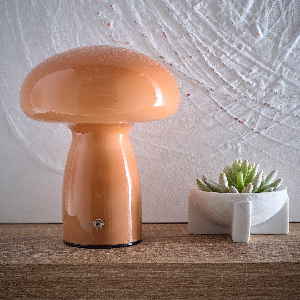 Mushroom Toadstool Glass Table Lamp in White, Duck egg Blue, Green, Lemon, Mocha and Brown - Rechargeable Lamps: Mocha