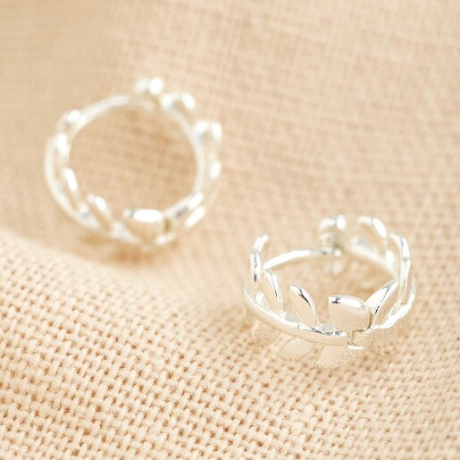 Fern Leaf Huggie Hoop Earrings: Silver