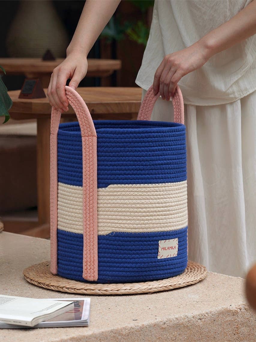 Woven Cotton Rope Storage Basket with Handles : Pale blue & white stripes with pink handles - 31 x 25cm