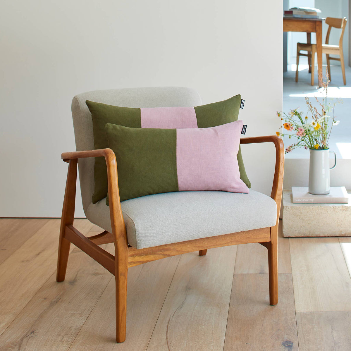 Double Colour Block Linen Cushion - Dusky / Jungle