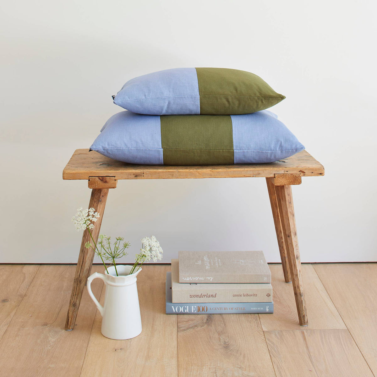 Double Colour Block Linen Cushion - Denim / Jungle