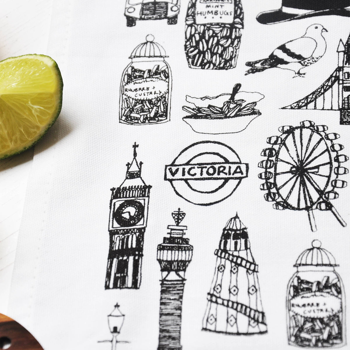British Illustrated Black And White Tea Towel: Default Title