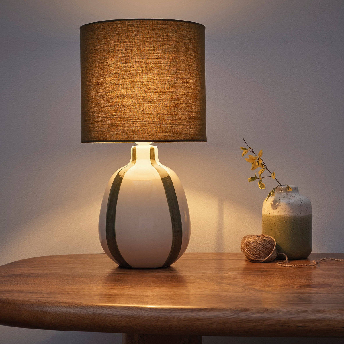 Painted Striped Ceramic Table Lamp with a round base and Matching shades, in Black, Blue, Green and Grey Colour options: Black