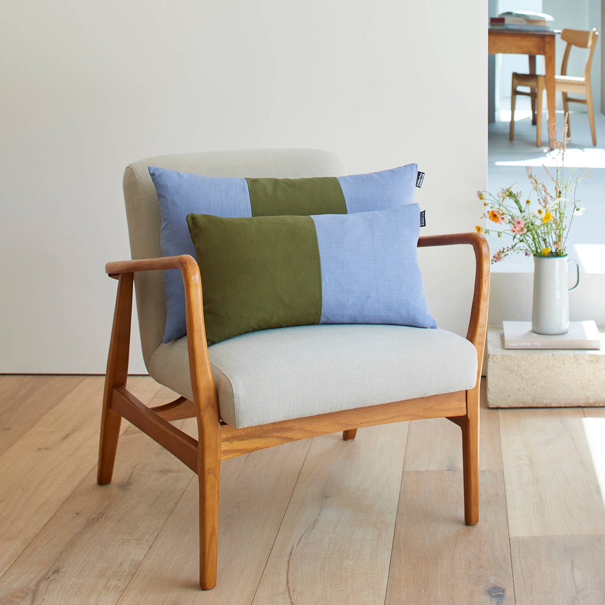 Double Colour Block Linen Cushion - Denim / Jungle