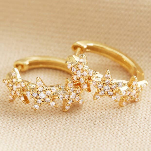 Crystal Triple Star Huggie Earrings: Silver