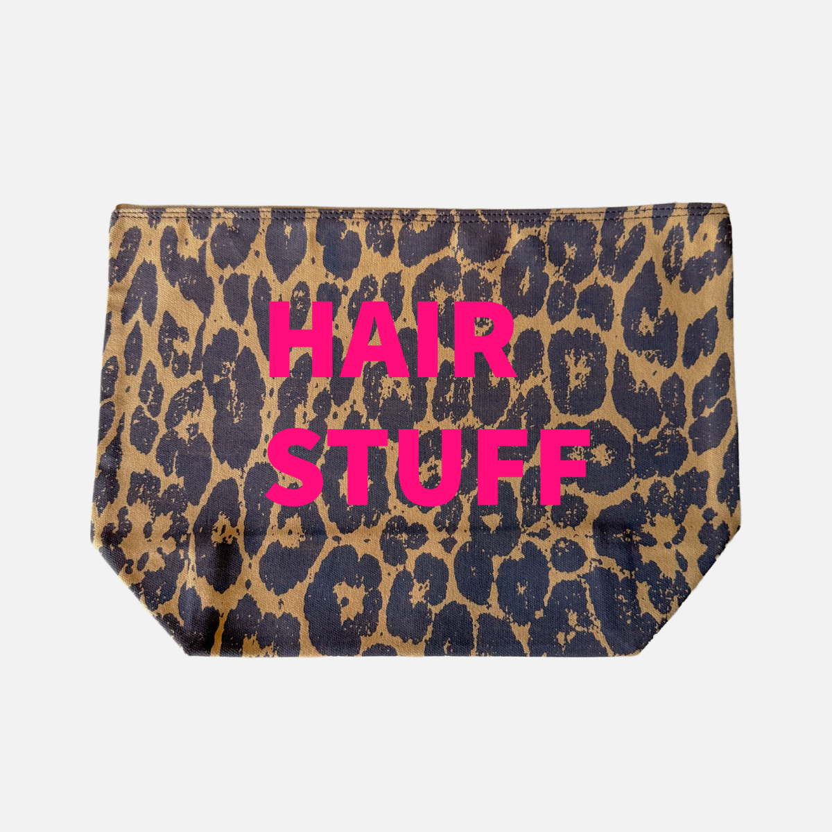 LEOPARD PRINT CANVAS POUCH WITH NEON PINK PRINT: MAKEUP STUFF