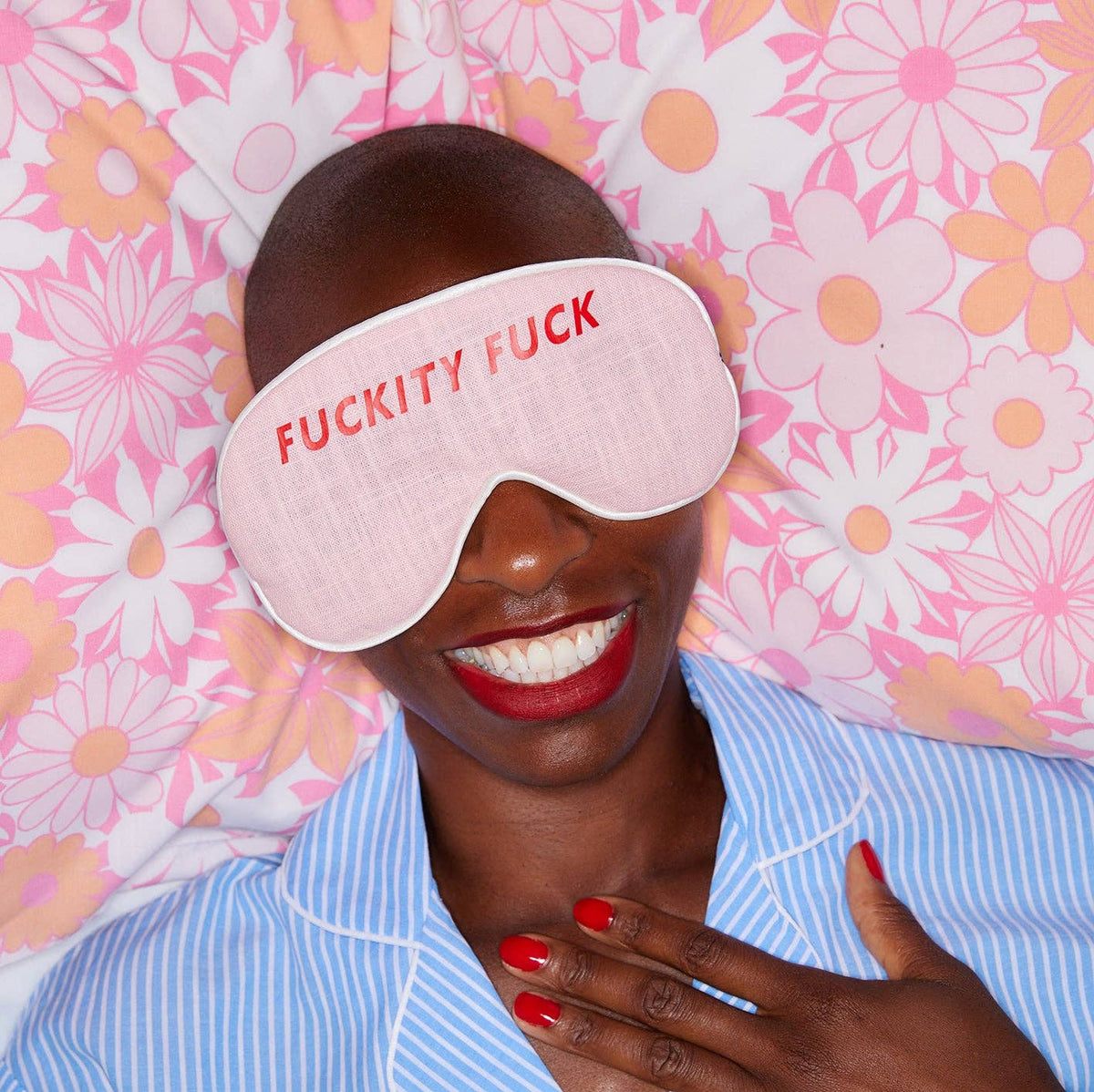 Slogan Linen Eyemasks: Pink Linen / Red / HIDING FROM THE SHIT SHOW
