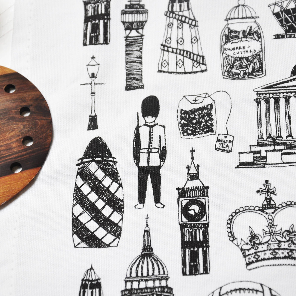 British Illustrated Black And White Tea Towel: Default Title