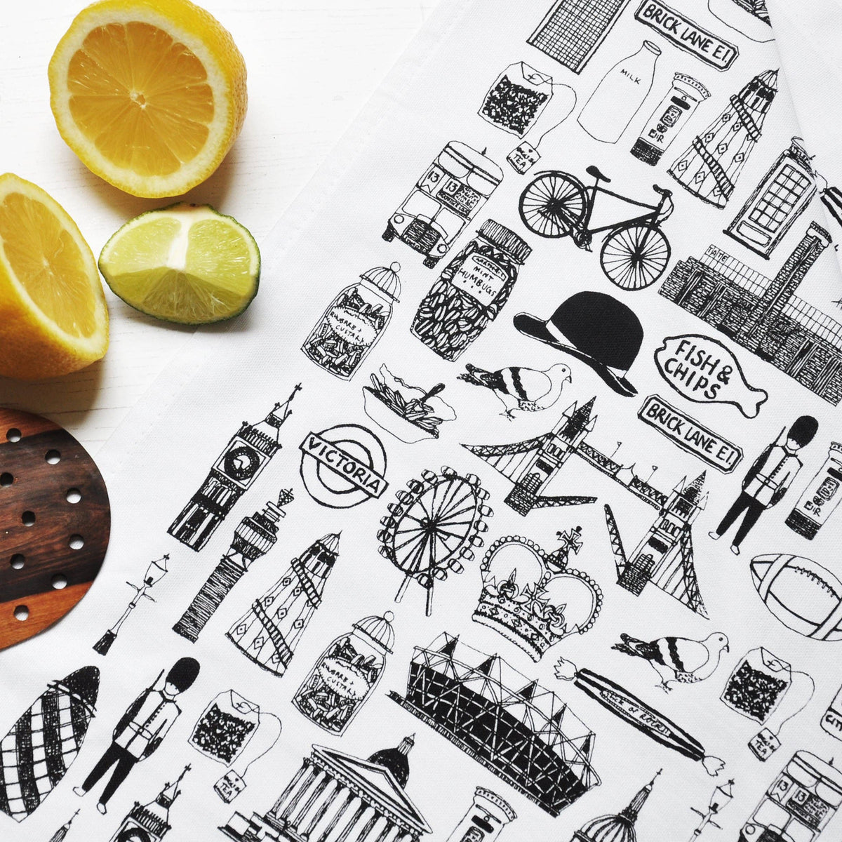 British Illustrated Black And White Tea Towel: Default Title