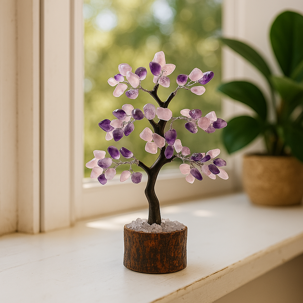 Gemstone Tree, 200 Beads, 20cm: Amethyst and Rose Quartz