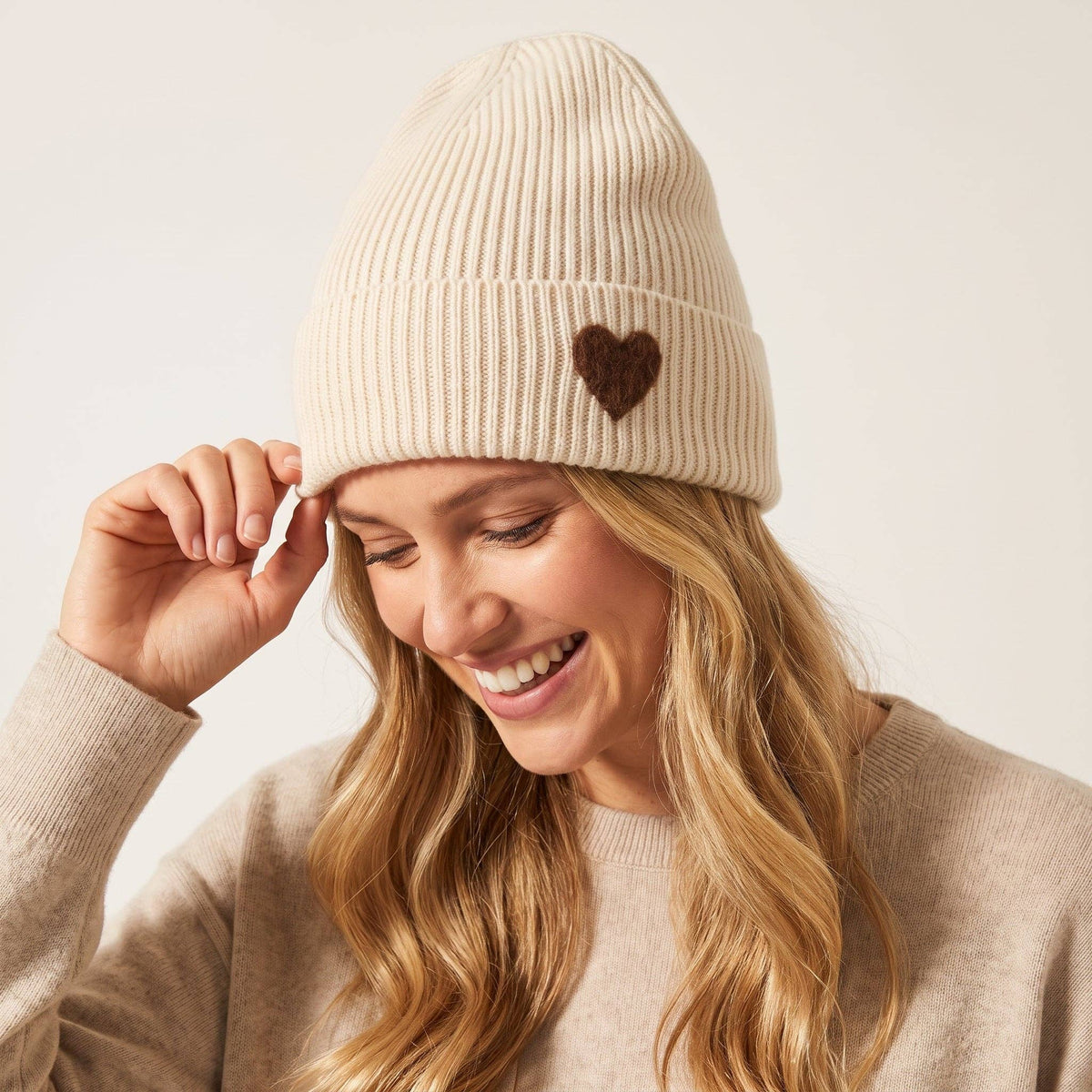 Fluffy Heart Beanie Hat in Cream/Brown: One Size
