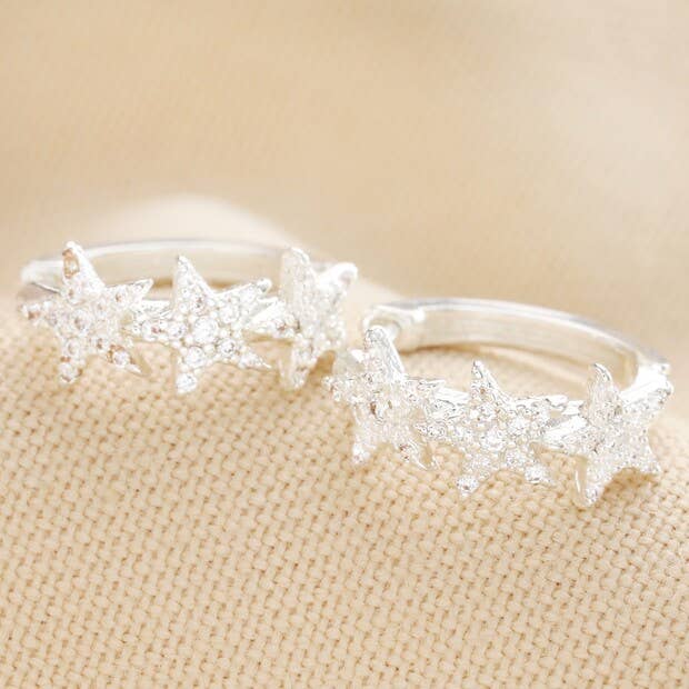 Crystal Triple Star Huggie Earrings: Silver