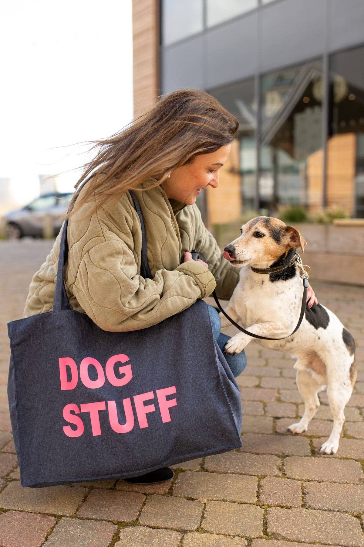 DENIM TOTE BAG WITH NEON PINK PRINT: HOLIDAY STUFF