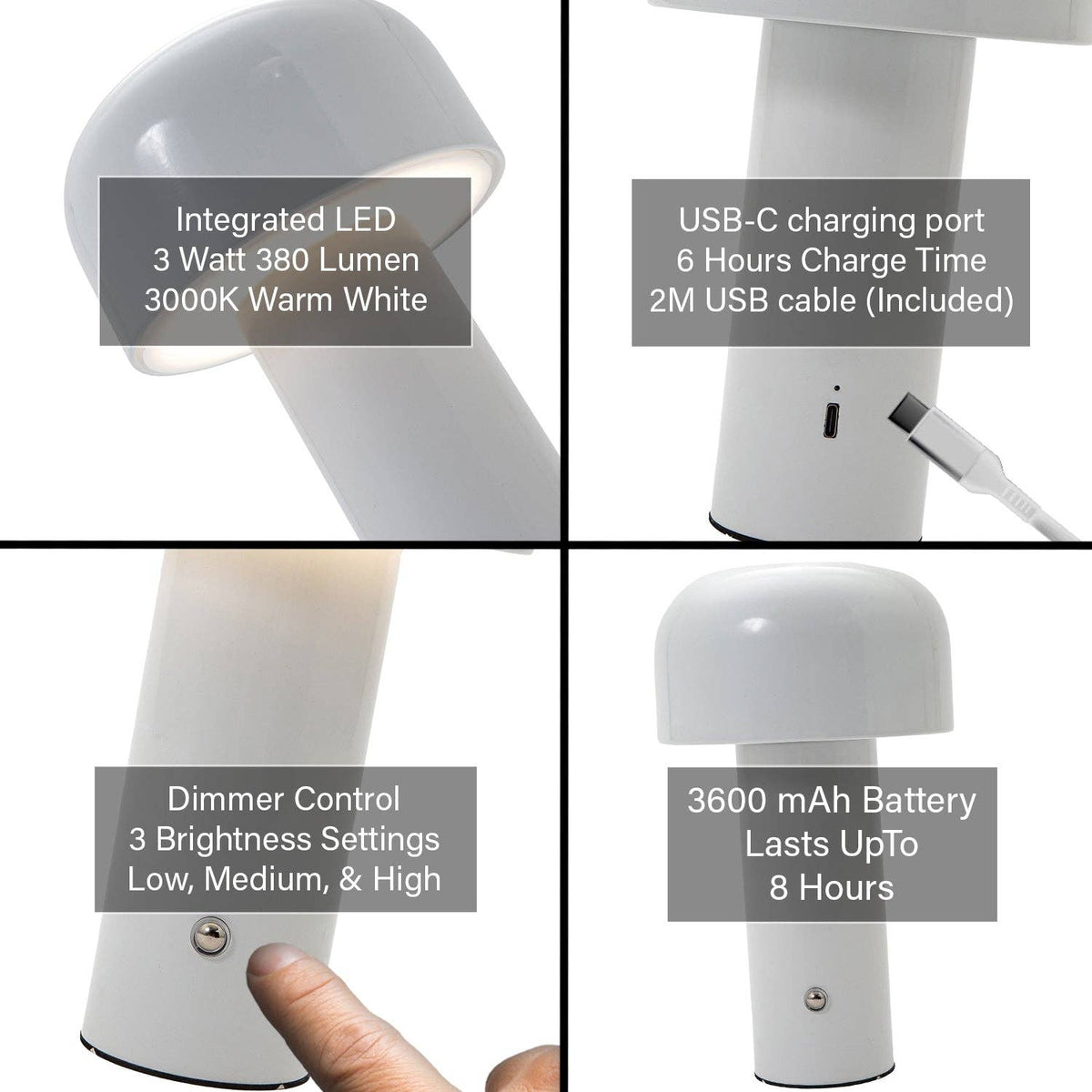 Gloss White Modern Mushroom Style Rechargeable LED Touch Dimmable Table Lamp