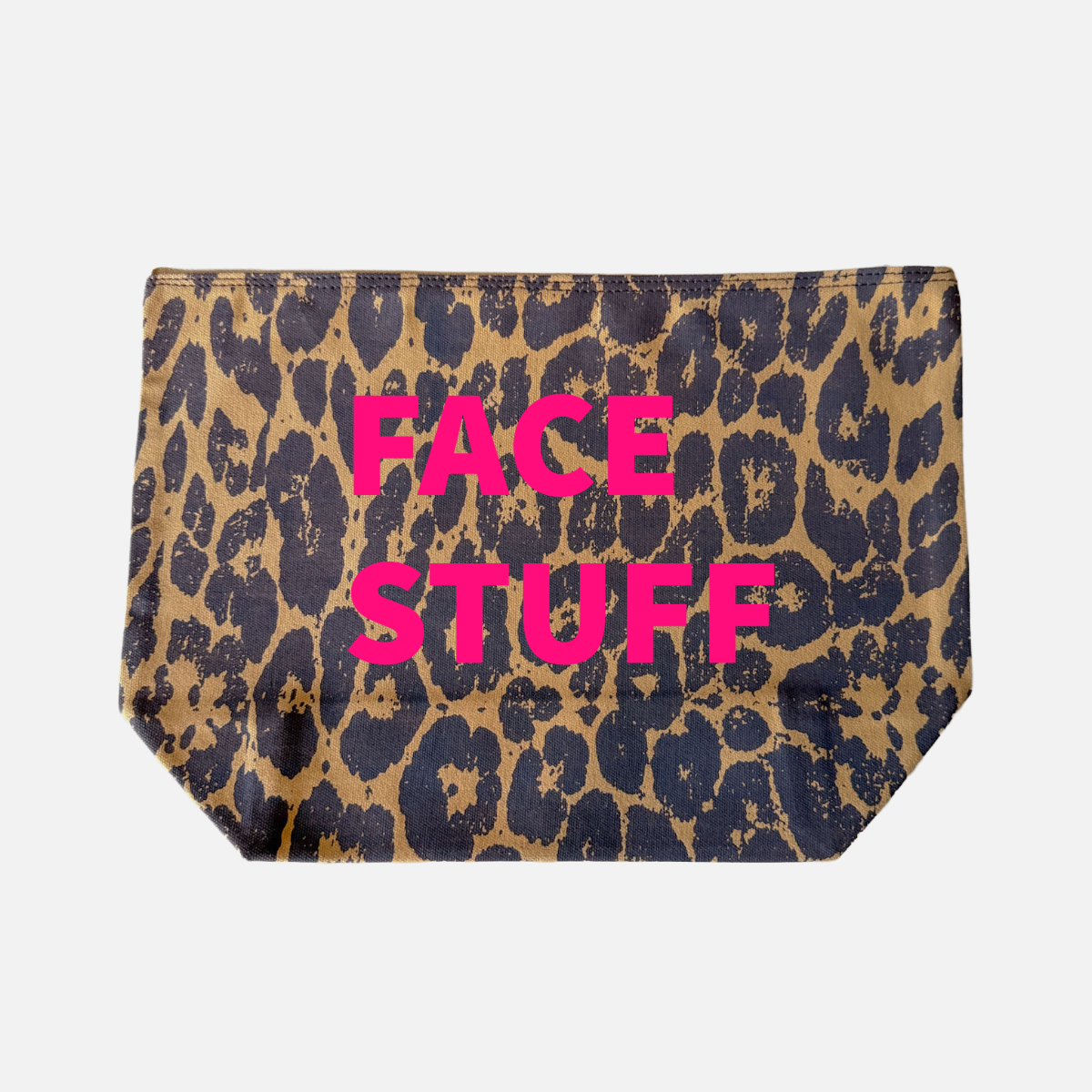 LEOPARD PRINT CANVAS POUCH WITH NEON PINK PRINT: MAKEUP STUFF