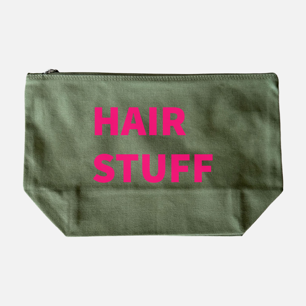 GREEN CANVAS POUCH WITH NEON PINK PRINT: HOLIDAY STUFF
