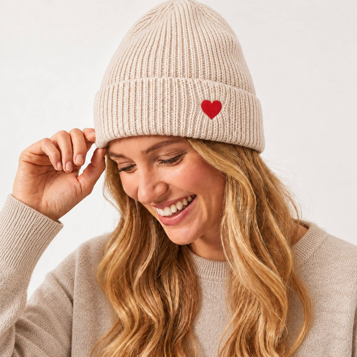 Austin Cream/Red Heart Embroidered Beanie Hat: One-size