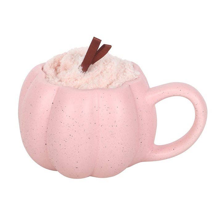 Pink Pumpkin Autumn Mug and Socks Set