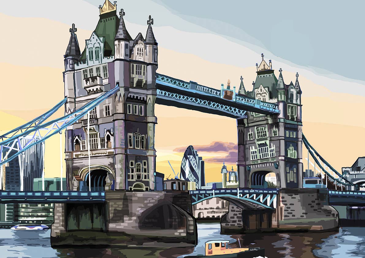 Tower Bridge at Dusk, London Illustration Art Print: A4