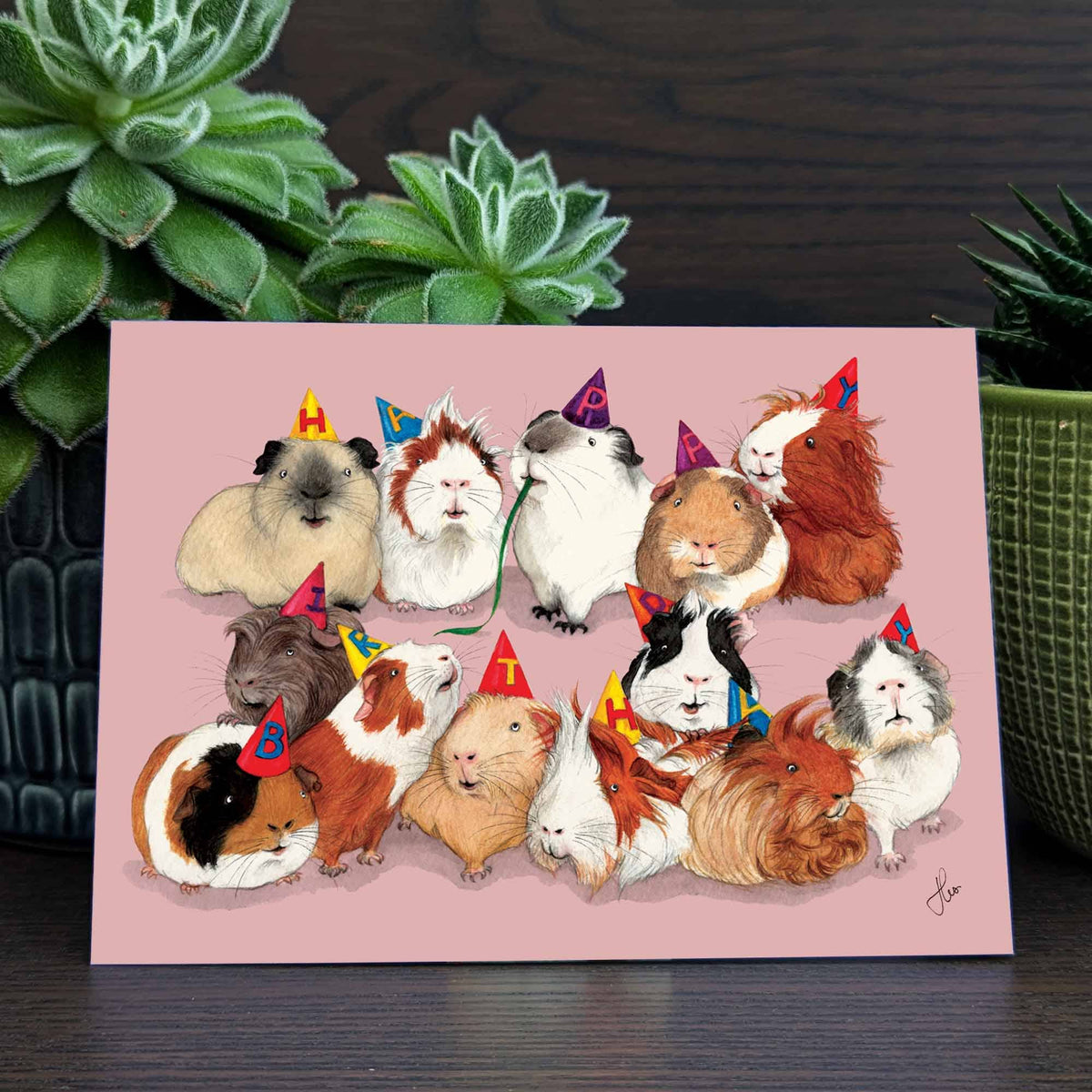 Guinea pigs in party hats card, Cute piggy Birthday card
