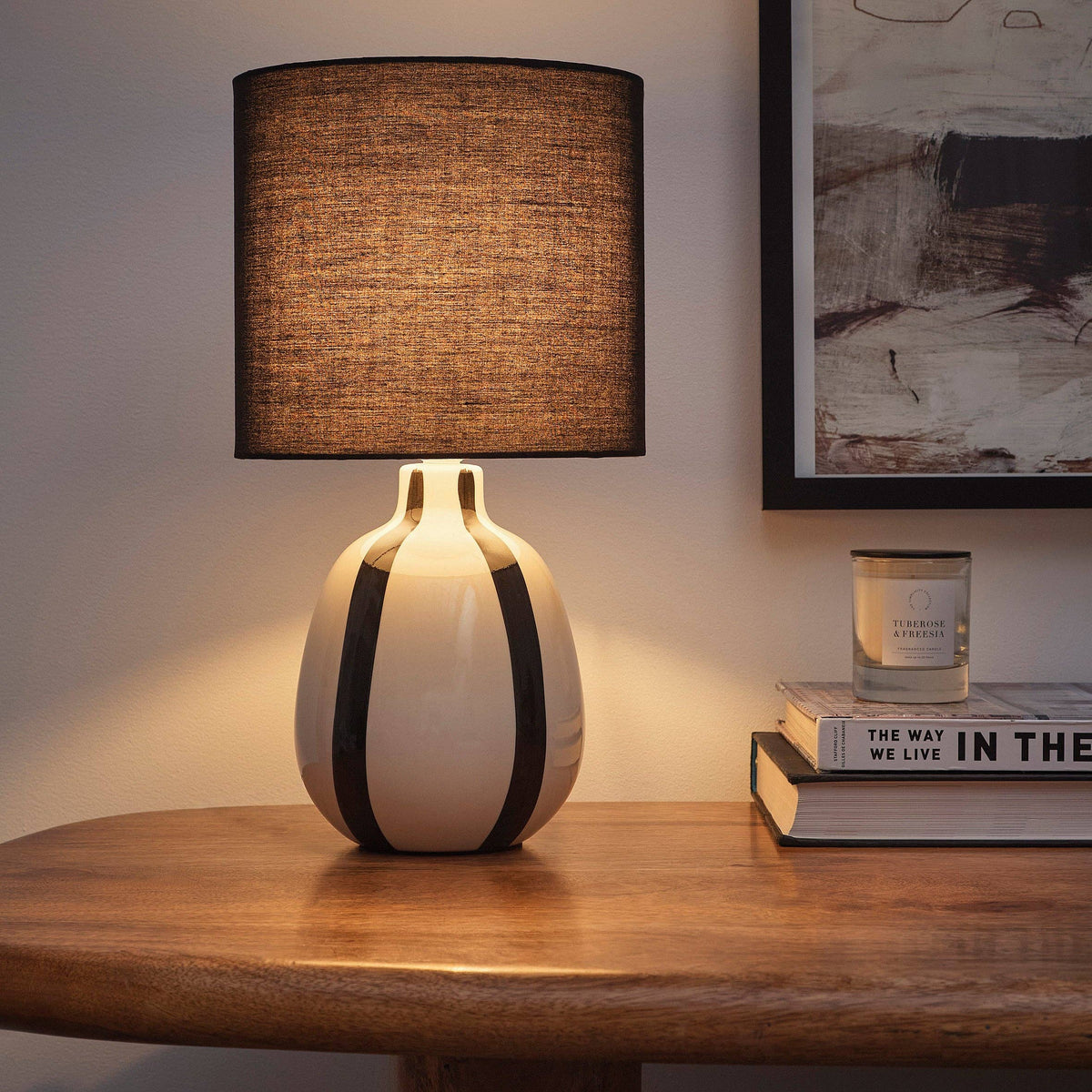 Painted Striped Ceramic Table Lamp with a round base and Matching shades, in Black, Blue, Green and Grey Colour options: Black