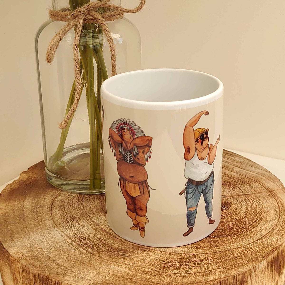 Disco dancing men coffee mug, funny chubby men dancing mug