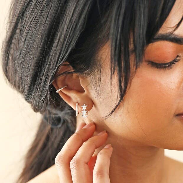 Crystal Triple Star Huggie Earrings: Silver